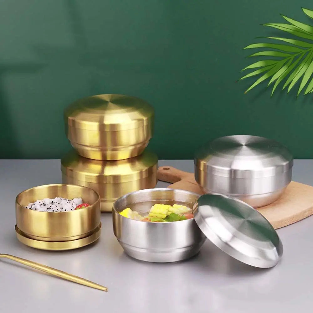 Anti-Scalding With Lid Tableware 304 Stainless Steel Container Steamed Soup Bowl Double Rice Bowl Cereal Bowls Mixing Bowls