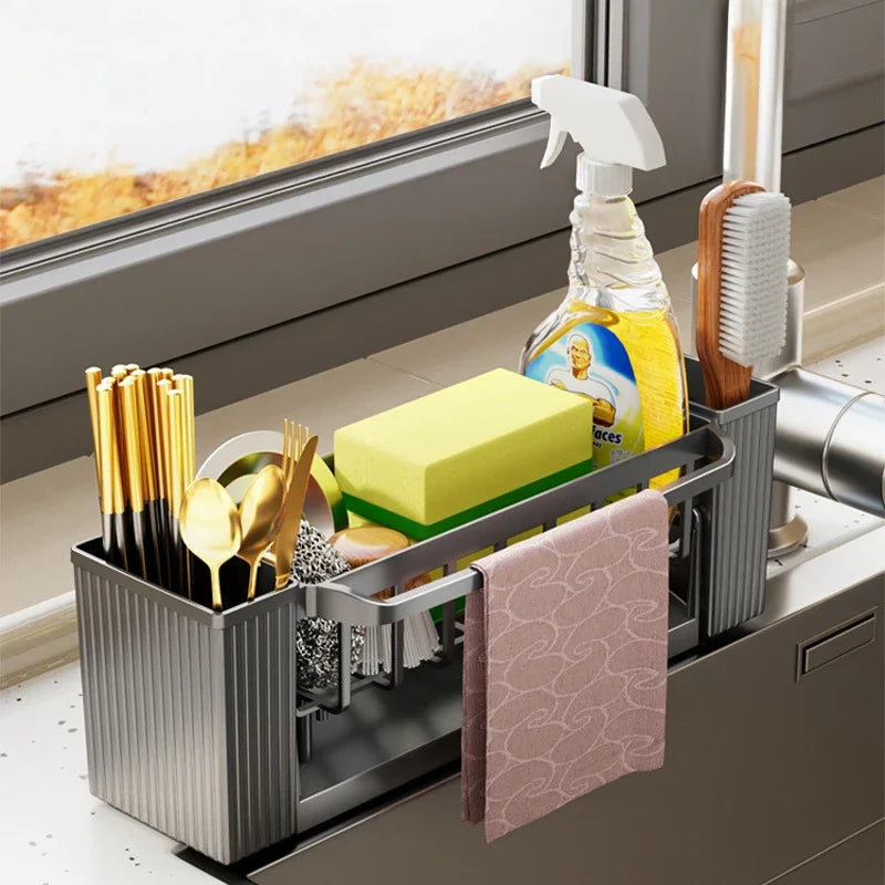 Kitchen Cleaning Tools Storage Rack Cleaning Sponge Cleaner Drainage Rack Plastic Multifunctional Dishcloth Rod Cutlery Holder