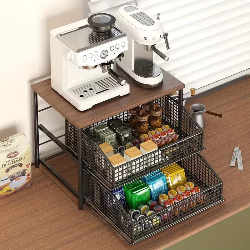 1 space saving kitchen countertop storage rack with drawers and metal baskets - sturdy multi-layer storage rack