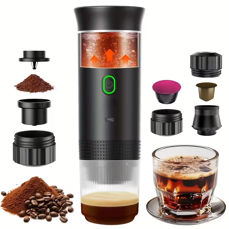 Portable espresso machine, coffee maker for on the go, 3-in-1 rechargeable coffee maker for the car, compatible with ground coff