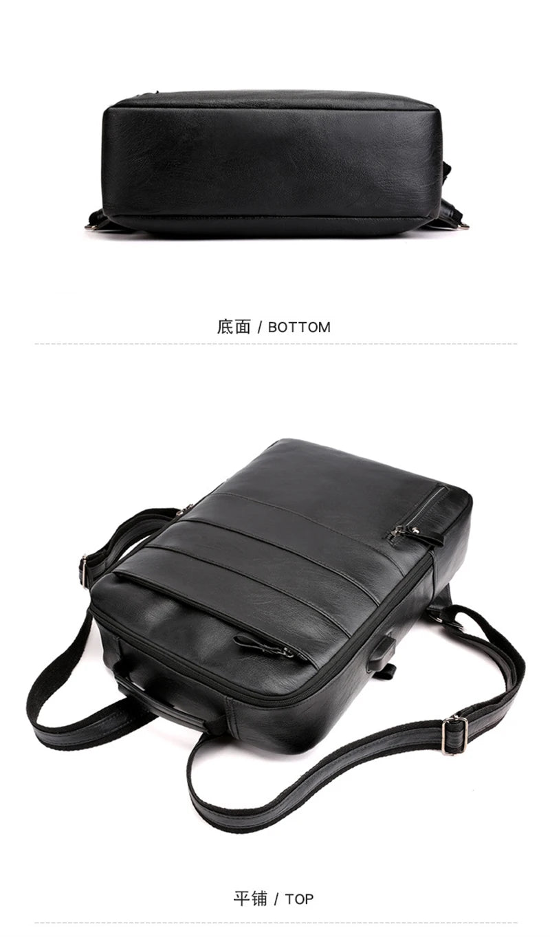 Business Backpacks For Men Waterproof PU Leather Laptop Bag Large Capacity USB Charging Rucksack Male Fashion Travel Bagpack sac