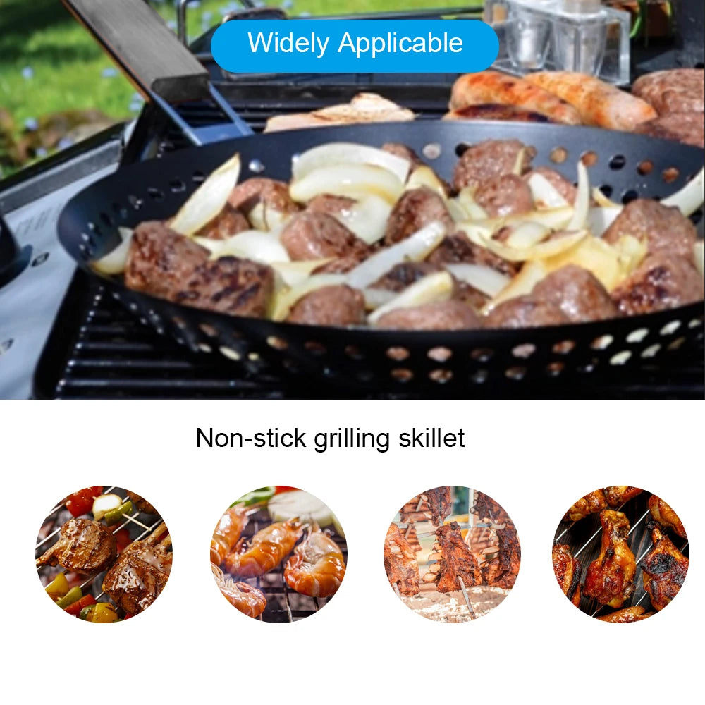 Grilling Skillet Non-stick Metal Folding Wooden Handle with Holes Removable Handle for Outdoor Grill Topper Barbecue Pan