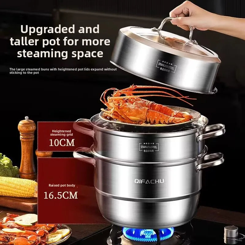 Household 304 stainless steel steamer -thick bottom, large capacity, dual-layer and triple-layer multi-functional universal type