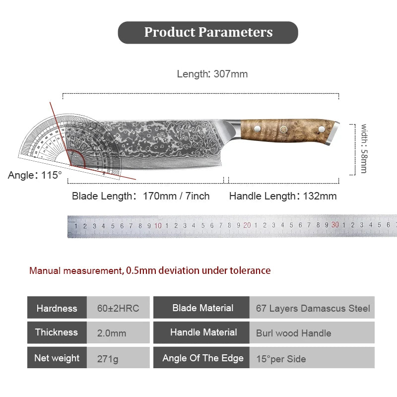 7 inch Kitchen Chef Knife  Nakiri Knife Damascus Steel 67 Layers Sharp Natural Burl wood Handle Handmade Kitchen knife