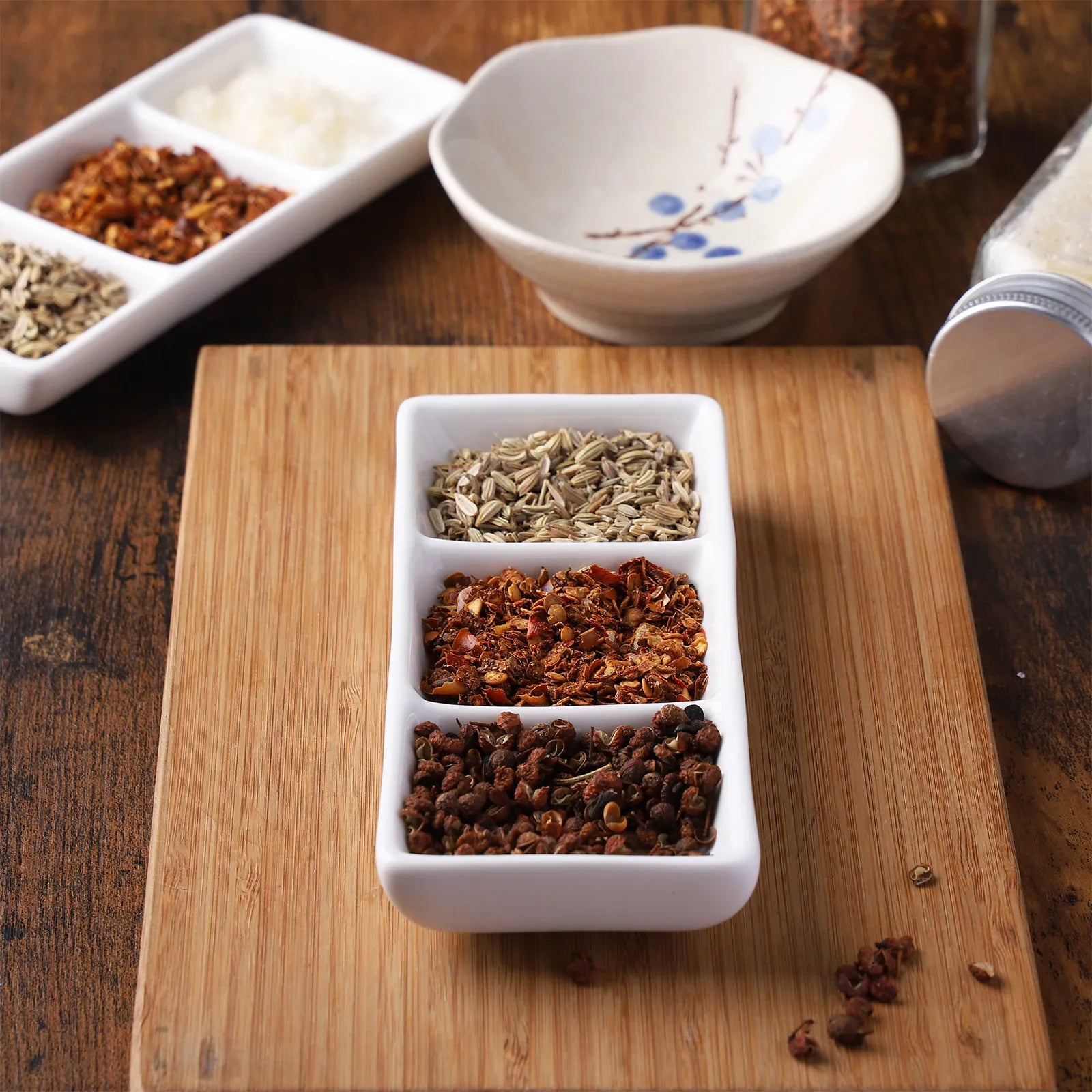 2Pcs Rectangular Ceramic Sauce Serving Tray 3-Compartment Appetizer Dish for Spice Soy Dips Appetizer Serving Tray