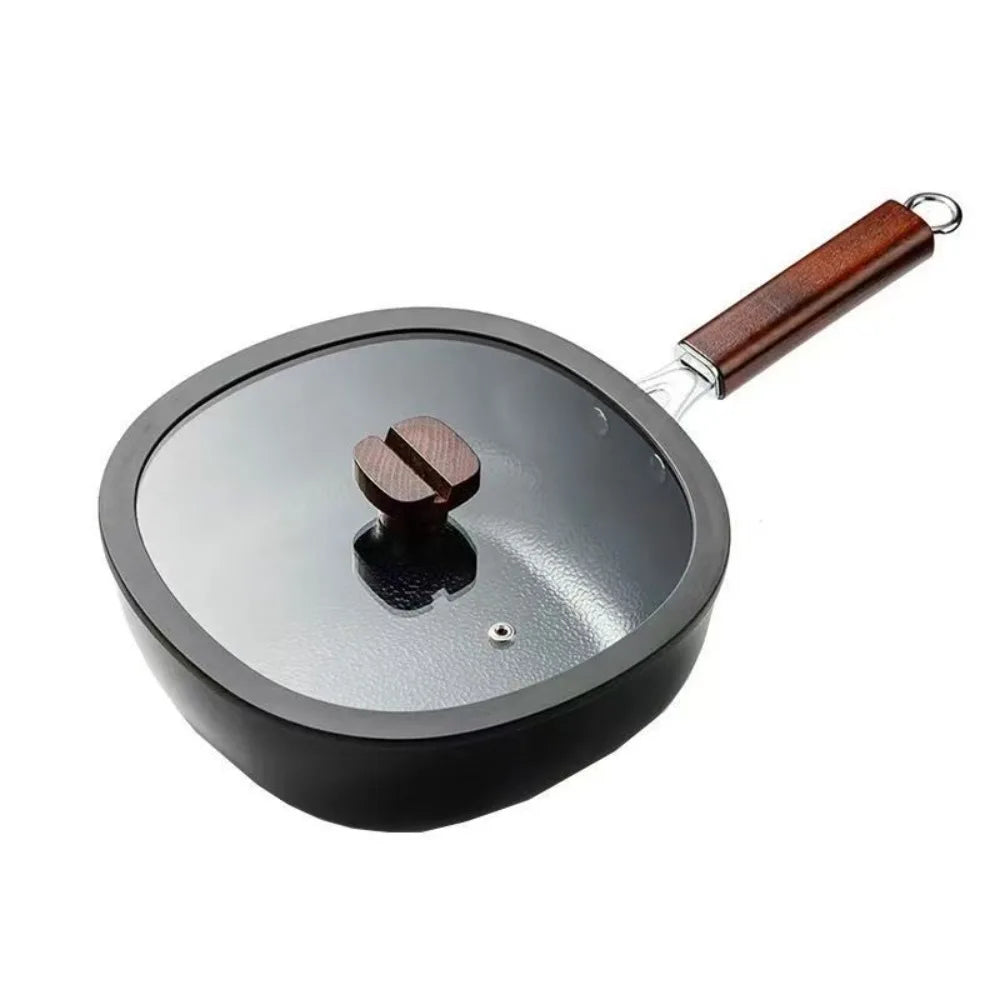 Cookware Refined Iron Square Frying Pan No Coating Flat Bottomed Stir Fry Pot with Visible Cover Wood Handle Wok Restaurant