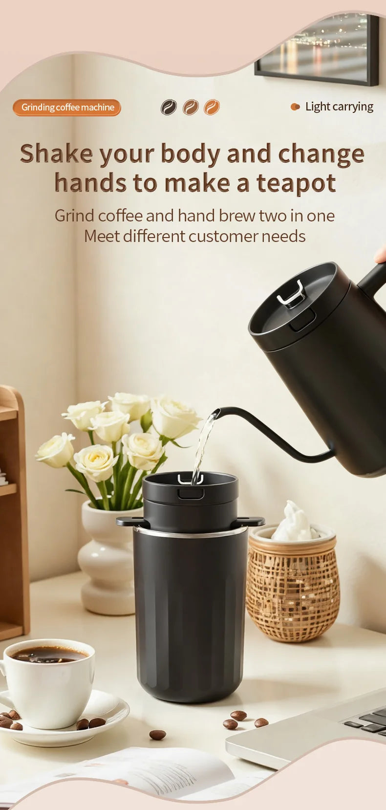 All-in-One Coffee Maker Travel-Friendly Handheld Espresso Machine with Built-in Grinder Mini Pour over Cup for Home And Outdoor