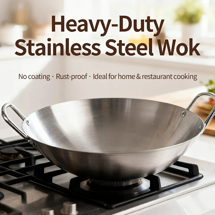 1pc Large Stainless Steel Wok, Uncoated Thick High-Quality Durable Chef'S Pan with Dual Handles, Easy to Clean for Commercial