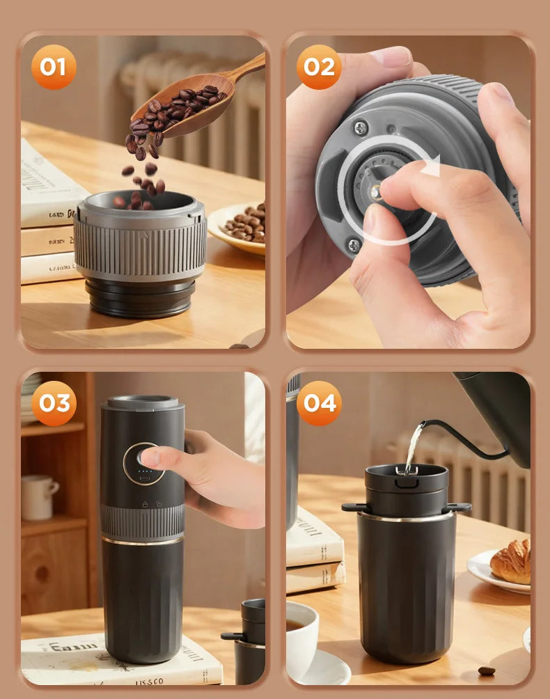 All-in-One Coffee Maker Travel-Friendly Handheld Espresso Machine with Built-in Grinder Mini Pour over Cup for Home And Outdoor