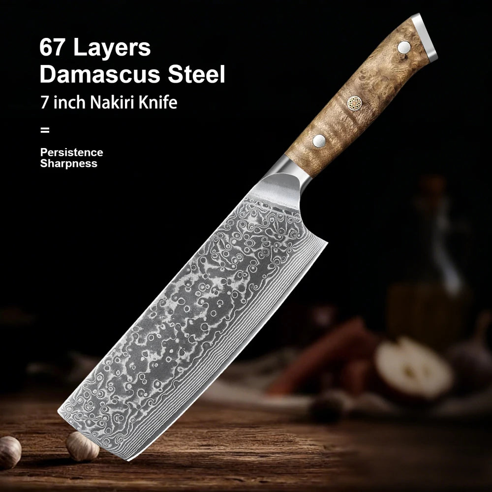 7 inch Kitchen Chef Knife  Nakiri Knife Damascus Steel 67 Layers Sharp Natural Burl wood Handle Handmade Kitchen knife