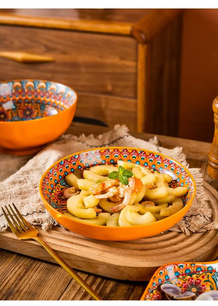 Bohemia Ceramic Rice Bowl Serving Plate Creative Ceramic Cutlery Soup Noodle Bowl Household Handle Bowl Sauce Dish