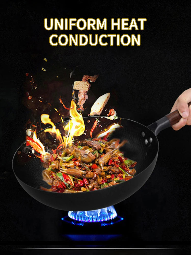 Pure Iron wok cast iron pan Non-coated Pot General use for Gas and Induction Cooker 32cm Chinese Wok Cookware Pan