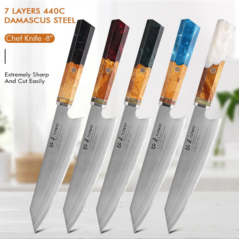 TURWHO 8" Japanese Kiritsuke Knife 7 Layer 440C Damascus Steel Hand Forged Meat Cleaver Kitchen Chef Knives Sharp Cooking Tools