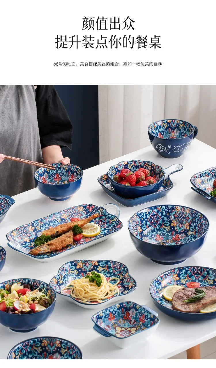 Bohemia Ceramic Rice Bowl Serving Plate Creative Ceramic Cutlery Soup Noodle Bowl Household Handle Bowl Sauce Dish