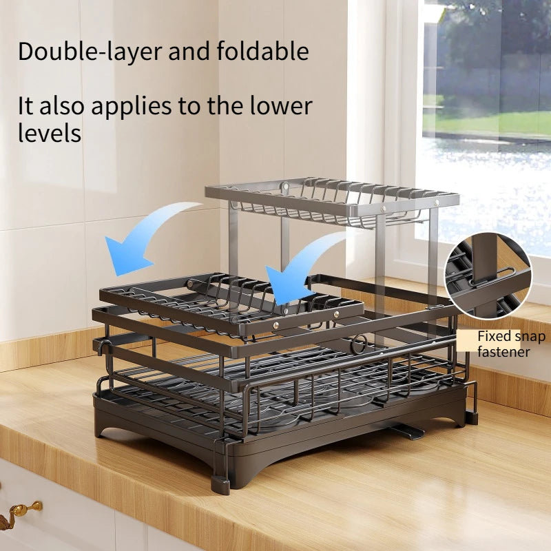 Kitchen Storage Rack, Foldable and Pull-out Cutlery Storage Platform, Double-layer Drain Basket, Bowl and Plate Storage Rack