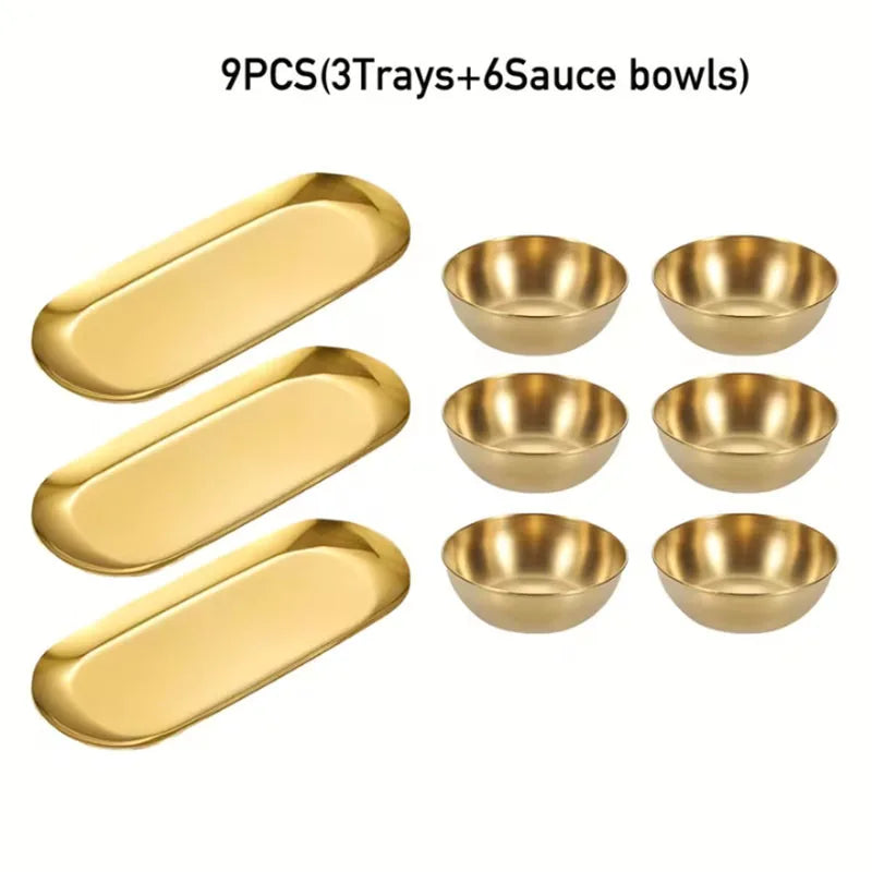3/6/9/12pcs Golden Sauce Bowl Serving Tray Set Stainless Steel Seasoning Cup Sushi Dipping Bowl Serving Tray Snack Dish Plate