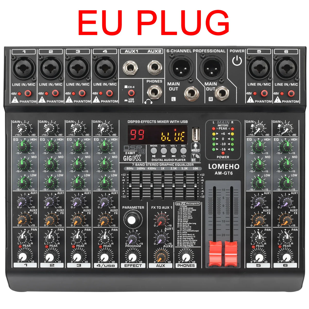 LOMEHO 7 Band EQ Audio Sound Mixer Table 6/8 Channel Mixing DJ Console with USB 2 AUX Output Individual 48V 99 Effect  AM-GT6/8