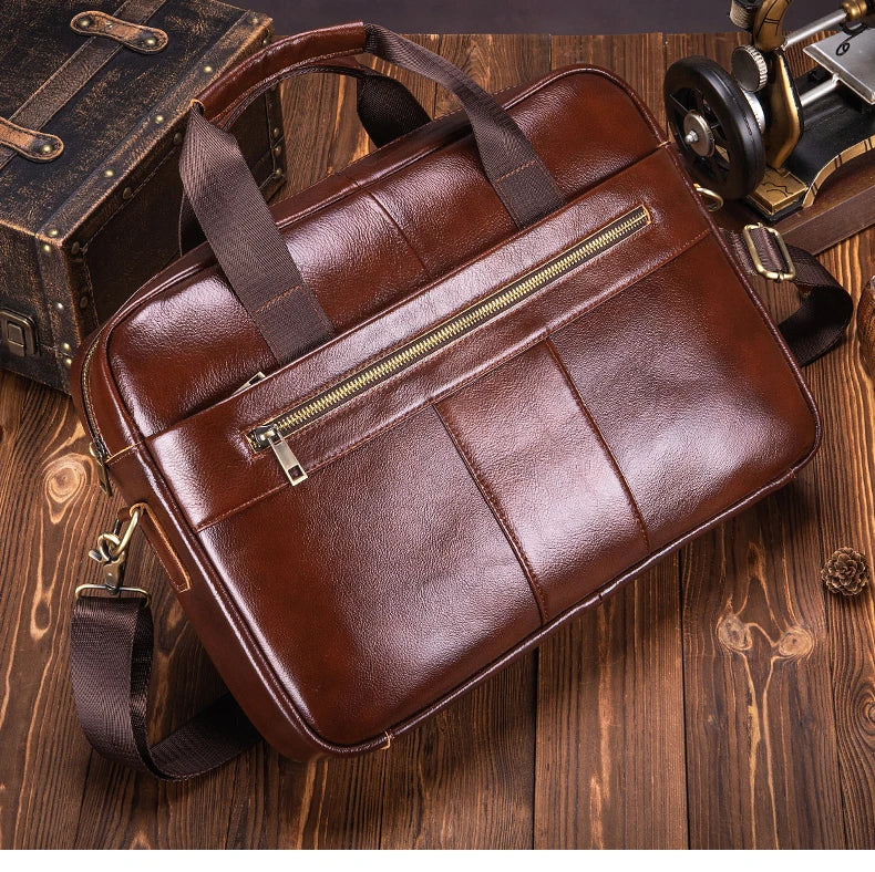 Men's Genuine Leather Laptop Bag Vintage Business Briefcase Shoulder Handbag Messenger Computer Bag Work Travel