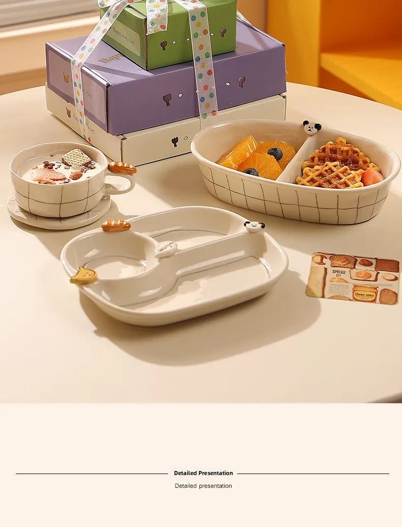 Beautiful Ceramic Breakfast Plate Dinnerware Set Coffee Cup Divided Plate Korean Style Casual Cartoon Pattern Home Use