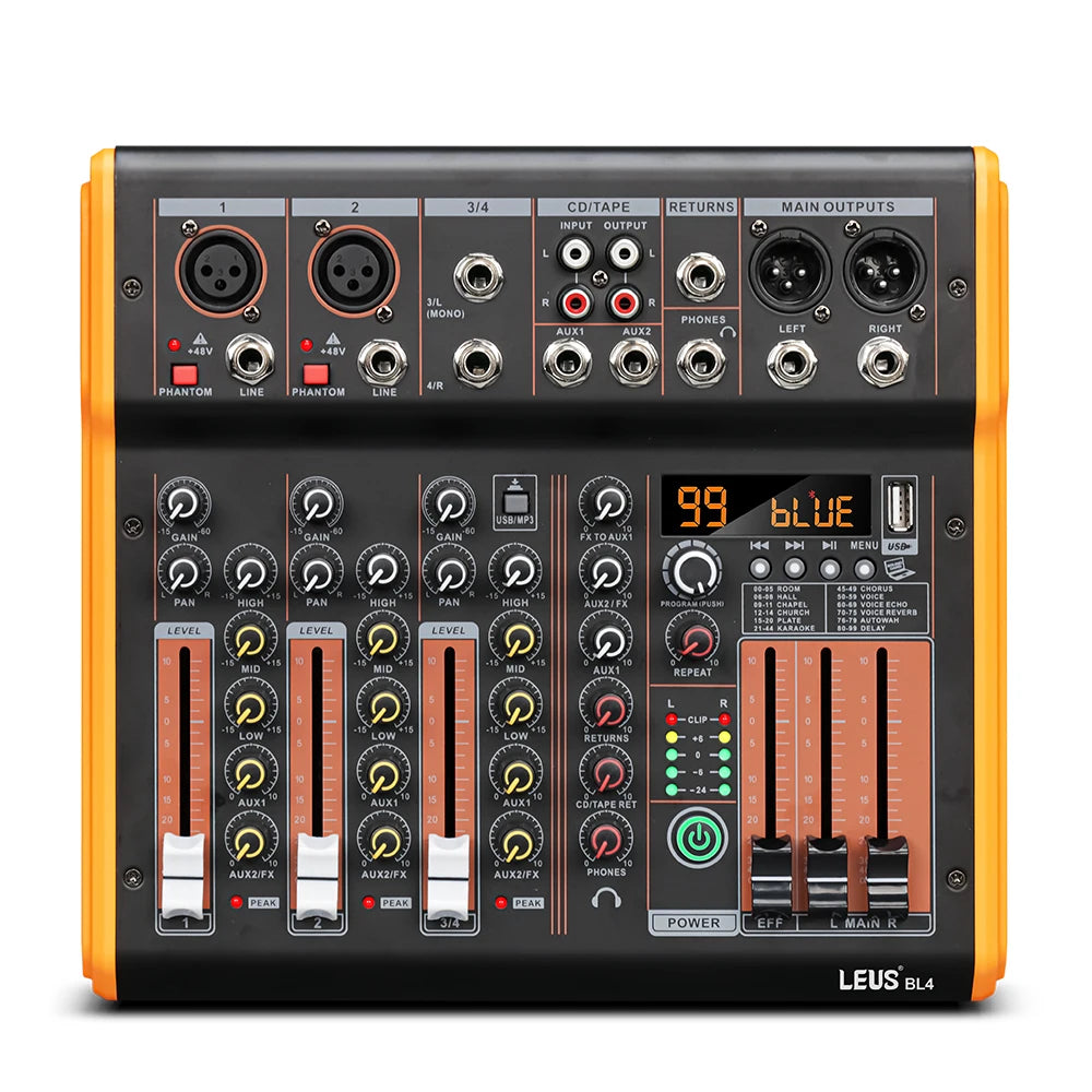 LEUS BL4/6 Channel 99 DSP Effect Audio Mixer Record PC 48V Phantom Power USB Sound Mixers Bluetooth DJ Console Mixing for Karaok