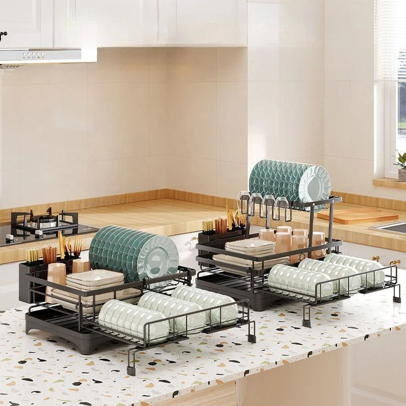 Kitchen Storage Rack, Foldable and Pull-out Cutlery Storage Platform, Double-layer Drain Basket, Bowl and Plate Storage Rack
