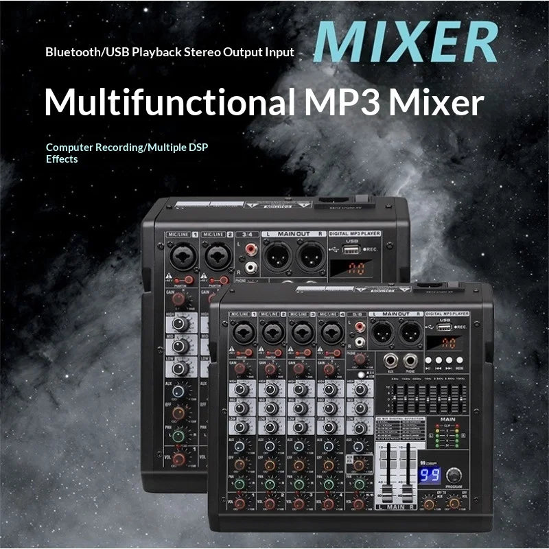 MP3 Mixer with Bluetooth - 99 DSP Effects, 7-Band EQ, 48V Phantom Power, USB Sound Card for Live Streaming Stage Recording