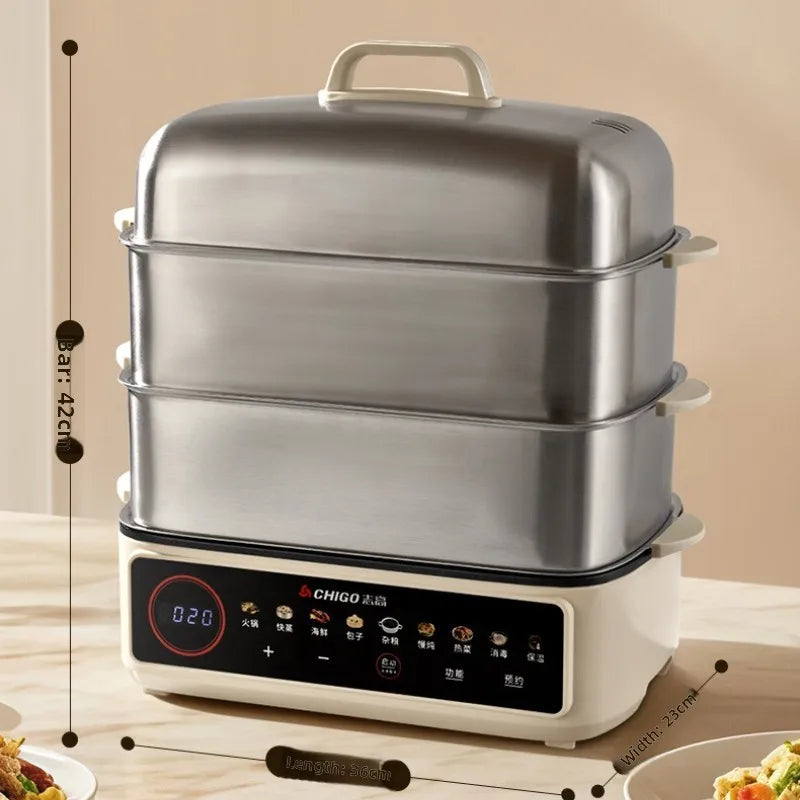 Full Steel Electric Steamer, 3-Layer Multi-Function Cooker for Home, Smart Timer, LCD Screen, Anti-Corrosion and Easy Cleaning