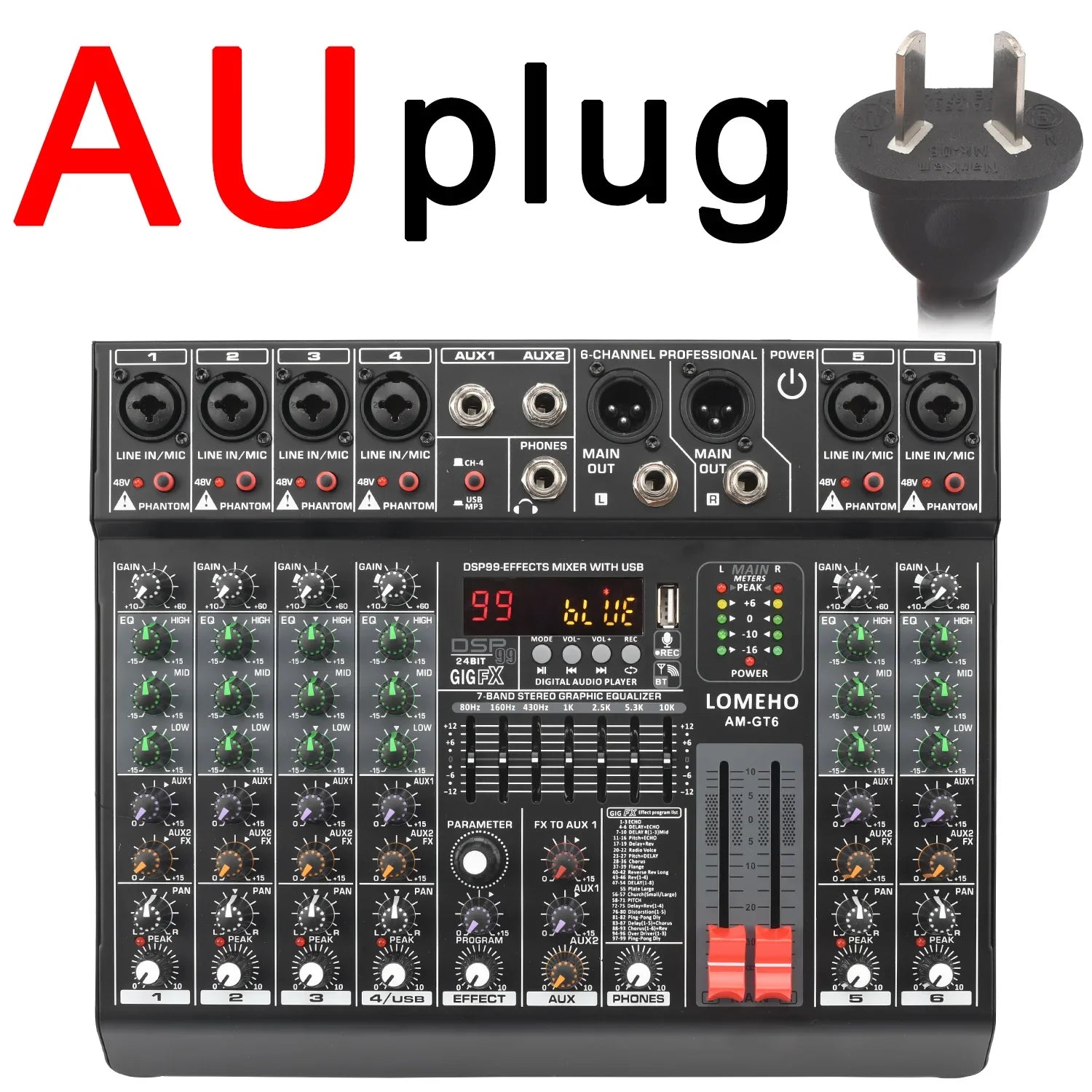 LOMEHO 7 Band EQ Audio Sound Mixer Table 6/8 Channel Mixing DJ Console with USB 2 AUX Output Individual 48V 99 Effect  AM-GT6/8