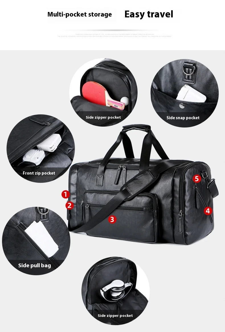 Geestock Business Men PU Leather Gym Duffel Bag Large Capacity Sports Travel Tote Handbag For Male Fitness Vintage Luggage Bag