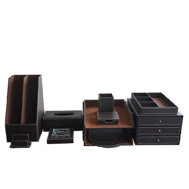 High-End Business Leather Office Supplies Set, Pen Holder, Desktop File Cabinet, Desktop Storage Box
