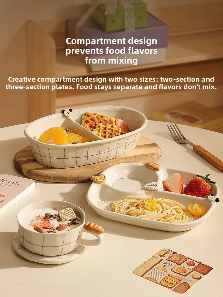 Beautiful Ceramic Breakfast Plate Dinnerware Set Coffee Cup Divided Plate Korean Style Casual Cartoon Pattern Home Use