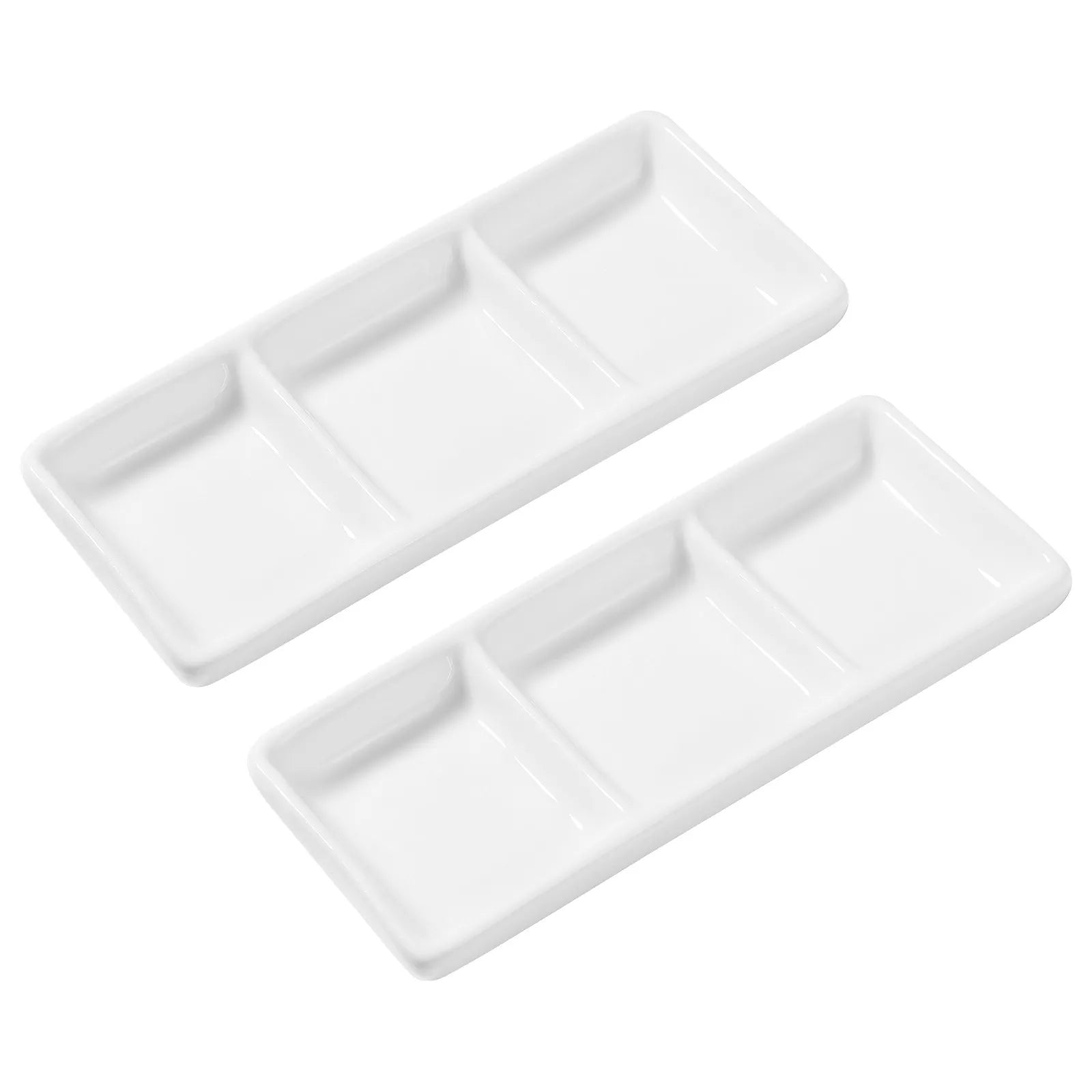 2Pcs Rectangular Ceramic Sauce Serving Tray 3-Compartment Appetizer Dish for Spice Soy Dips Appetizer Serving Tray