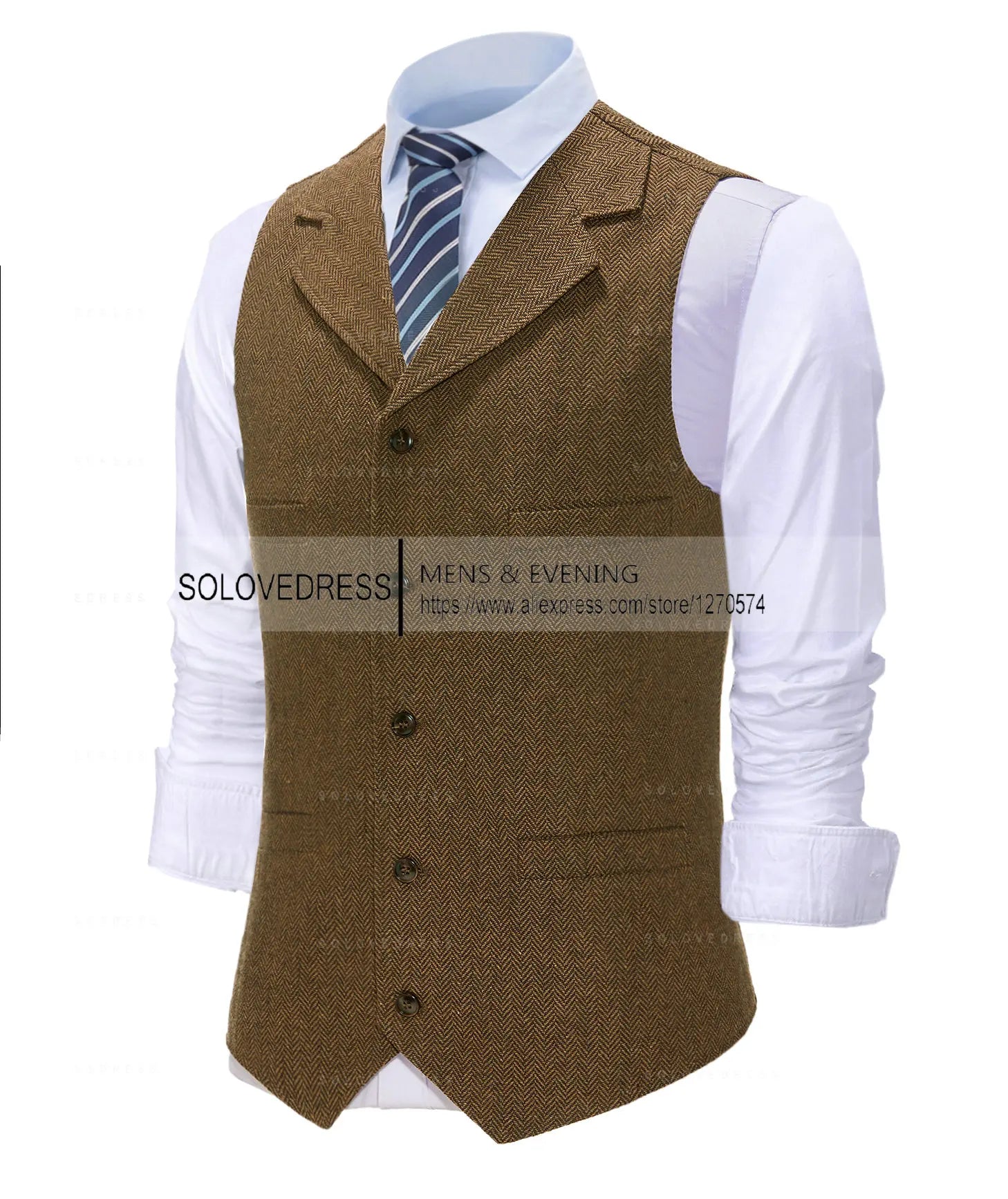 Business Mens Suit Vest Lapel V Neck Wool Herringbone Casual Brown Waistcoat Casual Formal Groomsman Jacket For Wedding