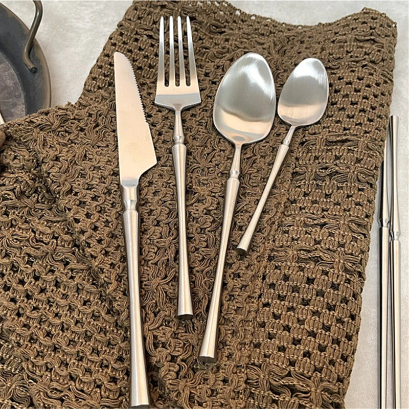 Silver Matte 304 Stainless Steel Cutlery Set Slim Complete Knife Spoon Fork Sets Household Dinner Breakfast Table Accessories