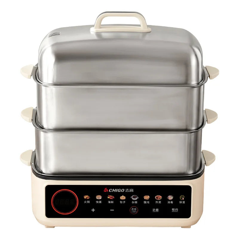 Full Steel Electric Steamer, 3-Layer Multi-Function Cooker for Home, Smart Timer, LCD Screen, Anti-Corrosion and Easy Cleaning