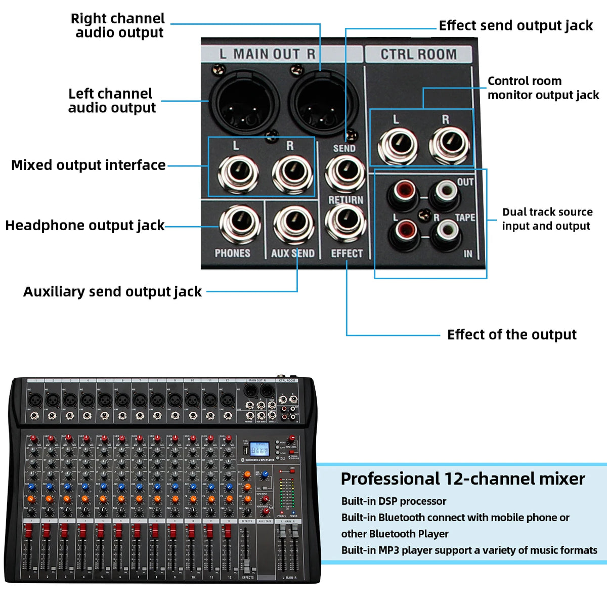 12 Channel Mixing Console With USB Function Suitable For Home DJ Recording Studio Stage Performance Mixer Audio