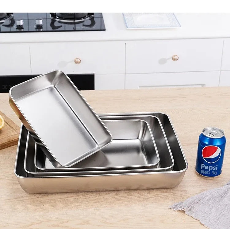 Stainless Steel Thickened Flat Bottom Rectangular Dish with Lid for Baking Steaming Dessert Dish Restaurant Fast Food Platter
