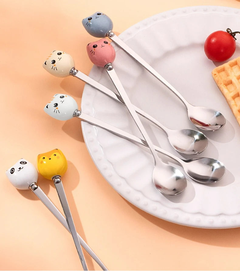 Coffee and Dessert Spoons Flatware Kitchen Tools Ice Cream Cartoon Stirring Spoon Stainless Steel Long Cat Handle Ceramic Spoon