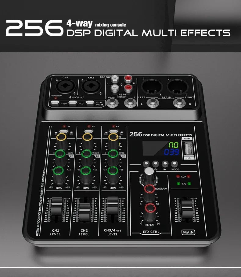 Audio Interface Mixer with Bluetooth USB Recording Computer 48V Phantom Power Delay Replay Effects, 4-Channel Audio Mixer ﻿