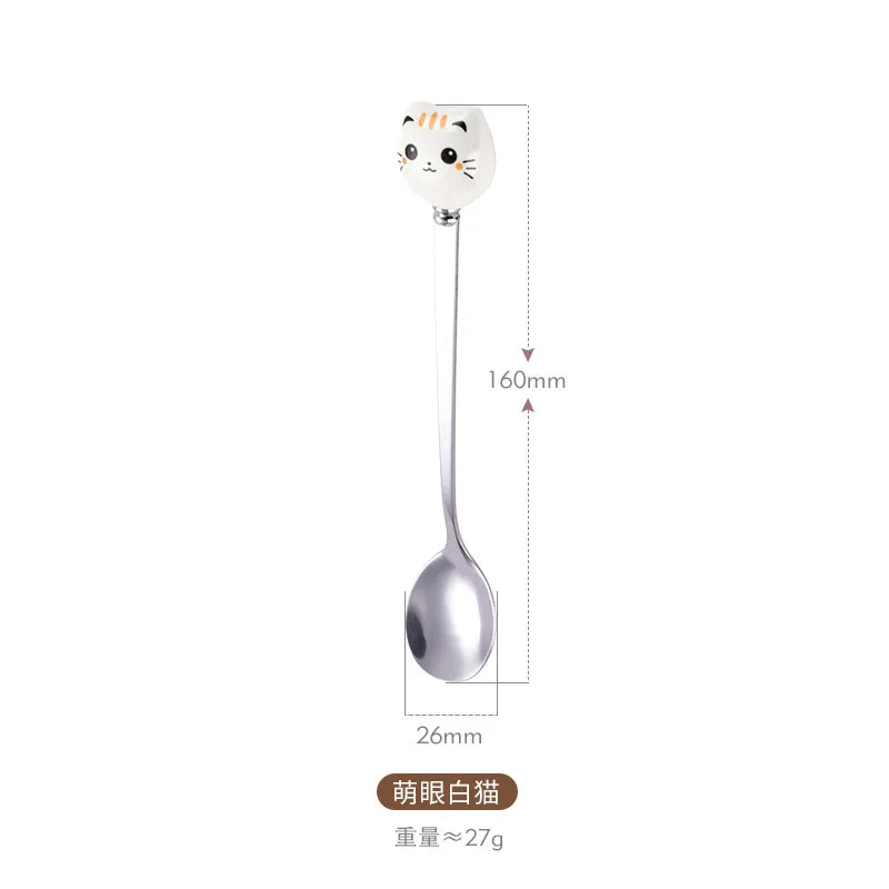Coffee and Dessert Spoons Flatware Kitchen Tools Ice Cream Cartoon Stirring Spoon Stainless Steel Long Cat Handle Ceramic Spoon
