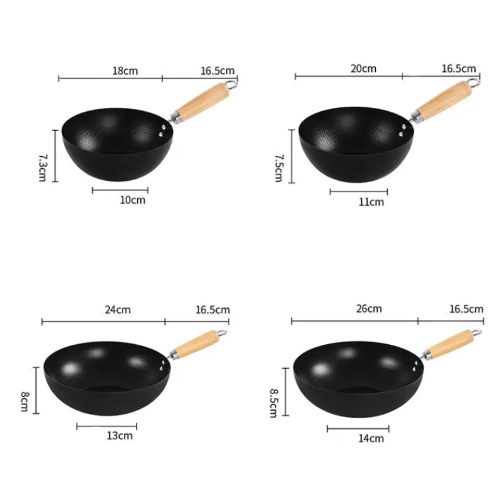 Durable Non-stick Small Cast Iron Wok No Coating Universal Frying Pan Wood Handle Deepened Pot Single