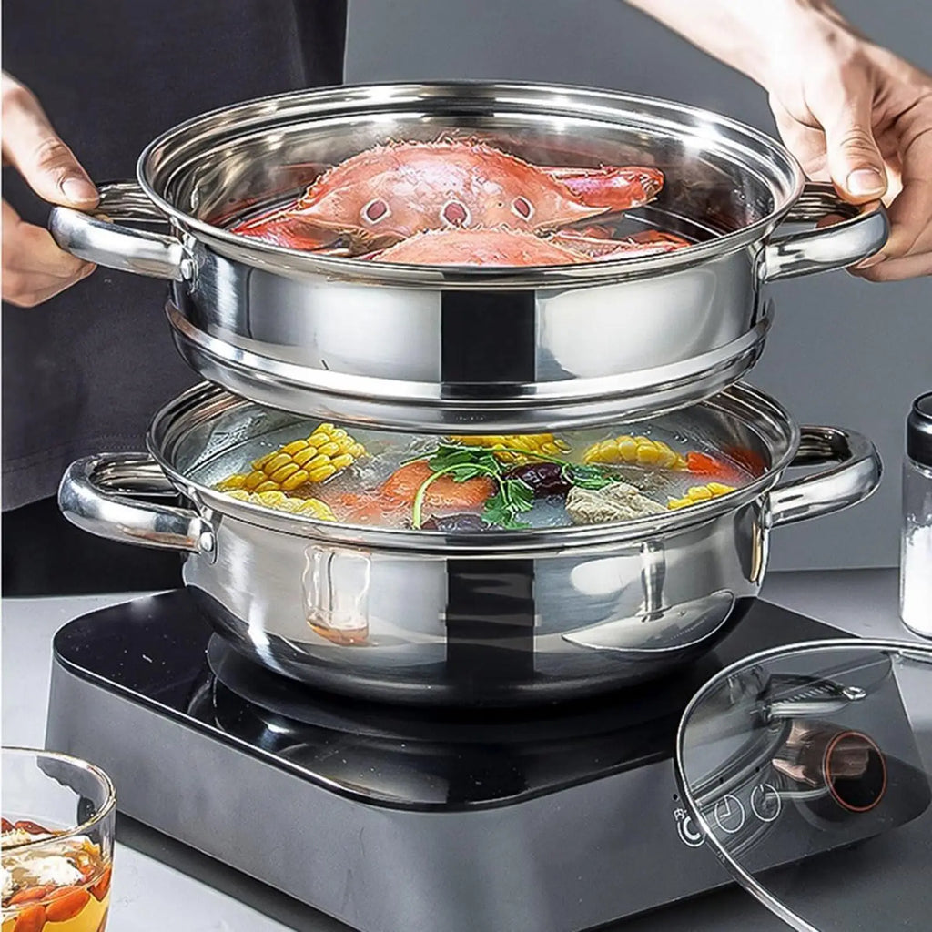 Steamer Pot for Cooking, Glass Lid Multi-Functional Stainless Steel Kitchen Cooking Steamer for Family Gathering Meal Prep
