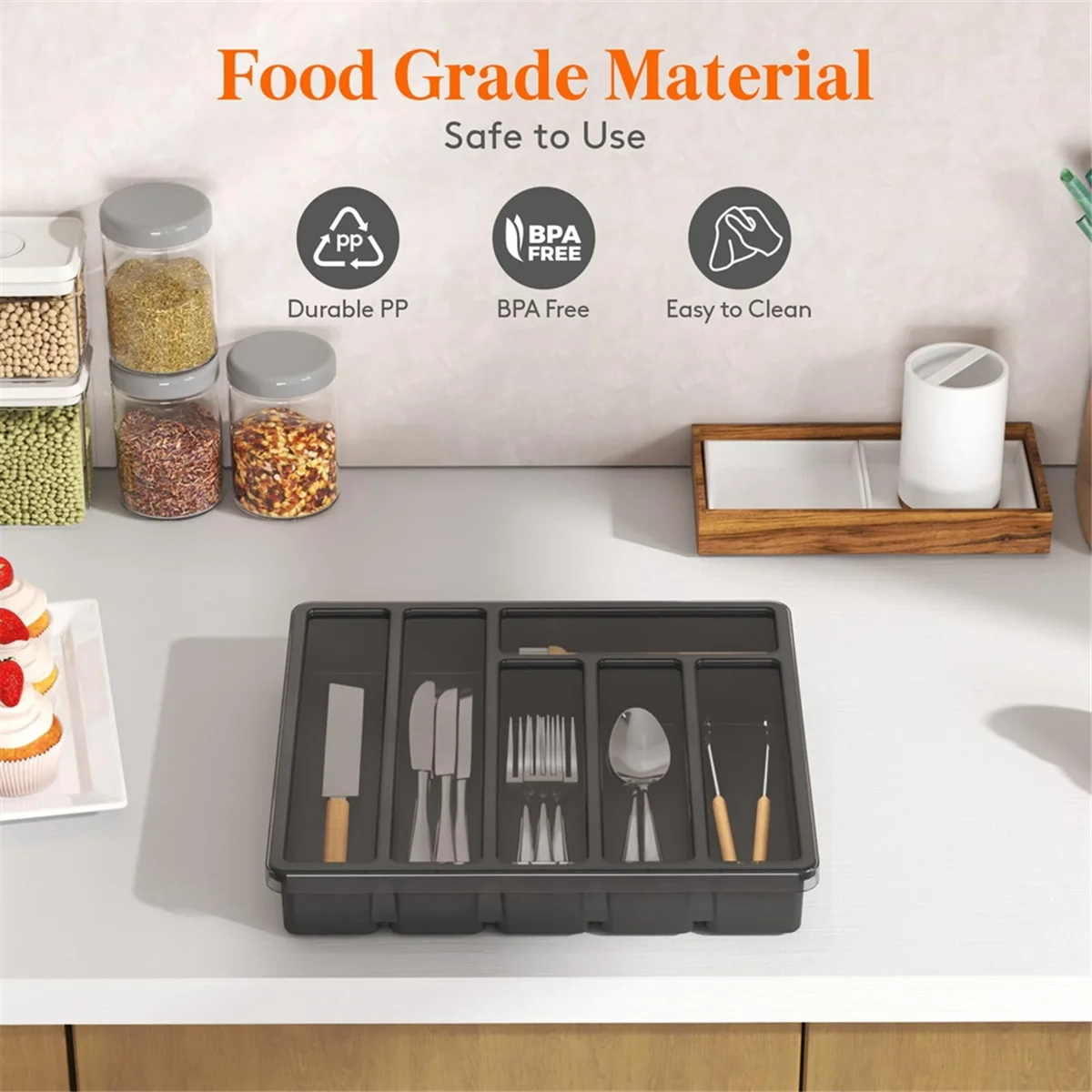 Y51A-Silverware Organizer With Lid,Covered Utensil Tray For Kitchen Drawer And Countertop, Plastic Cutlery And Flatware