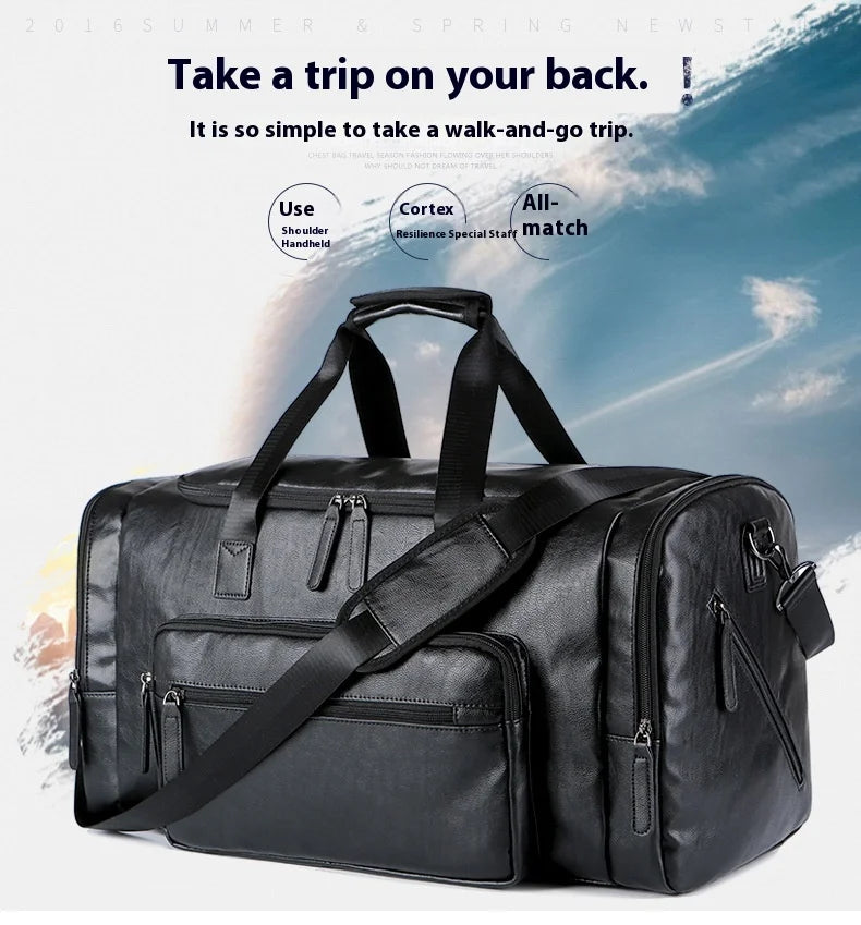 Geestock Business Men PU Leather Gym Duffel Bag Large Capacity Sports Travel Tote Handbag For Male Fitness Vintage Luggage Bag