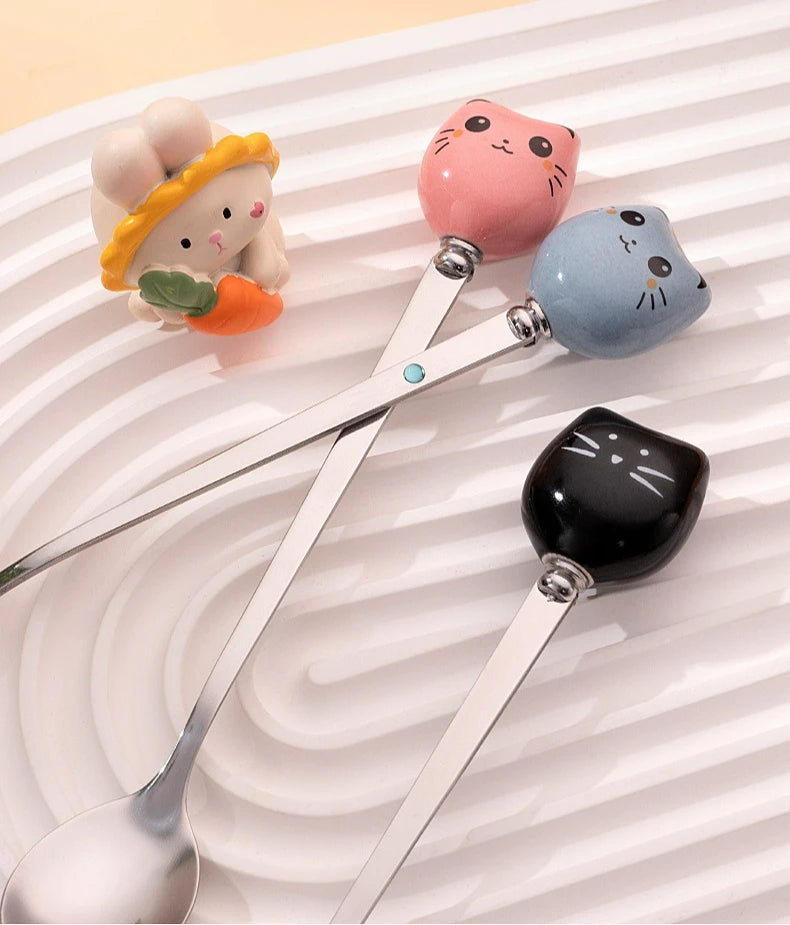 Coffee and Dessert Spoons Flatware Kitchen Tools Ice Cream Cartoon Stirring Spoon Stainless Steel Long Cat Handle Ceramic Spoon