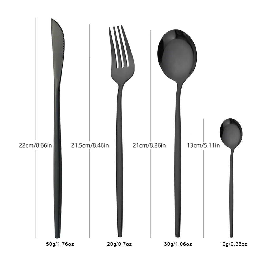 4/6/12/16/24Pcs Tableware Dinnerware Set Black Cutlery Set Stainless Steel Fork Knife Teaspoon Dinner Kitchen Flatware Set