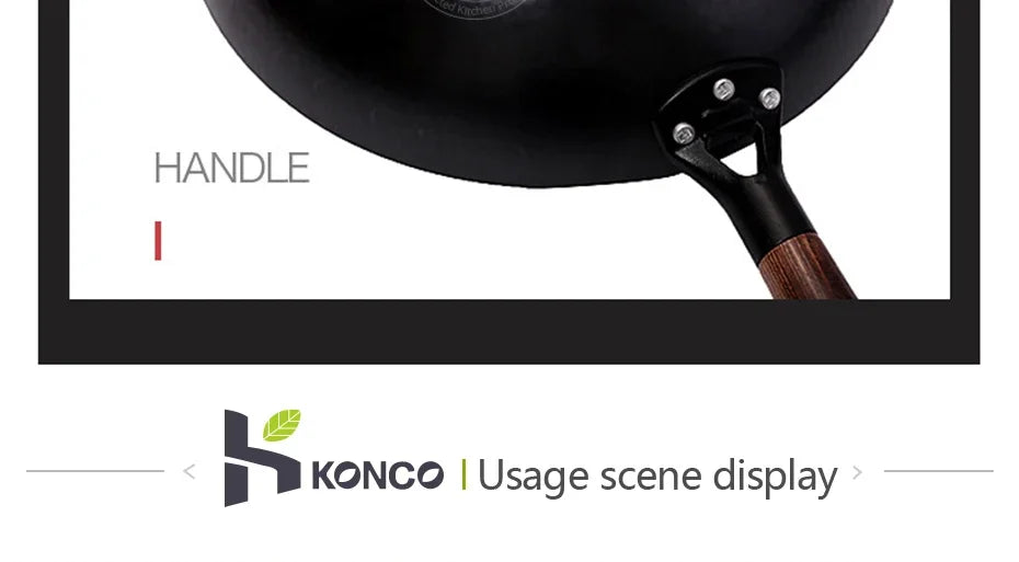 Konco Iron wok Cast iron pan Non-coated Pot General use for Gas and Induction Cooker 32cm Chinese Wok Cookware Pan Kitchen Tools