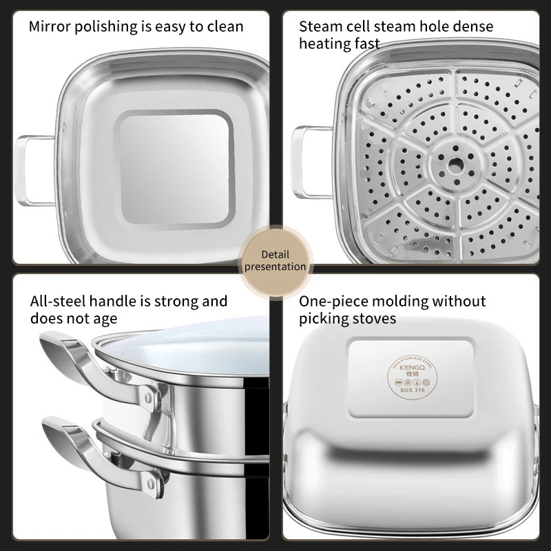 Household Square Steamer 316 Stainless Steel Thickened Three-Layer Steamer Tray Multifunctional for Gas & Electromagnetic Use