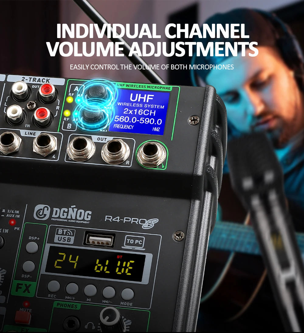 4 Channel Karaoke Audio Mixer with Dual UHF Wireless Microphone USB Bluetooth DJ Mixer for Party Computer Studio Recording DGNOG