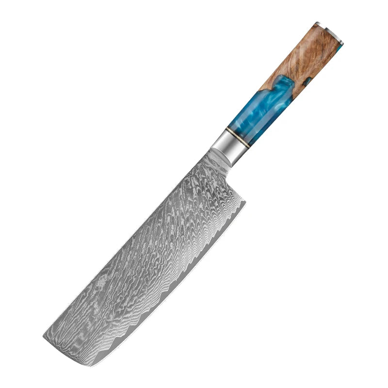 Kitchen Knives-Set Damascus Steel Cleaver Knife Nakiri Knife Meat Vegetable Blue Resin Handle set
